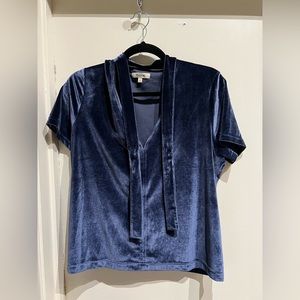 Madewell L Blue Velvet Short Sleeve Top with Neck Tie